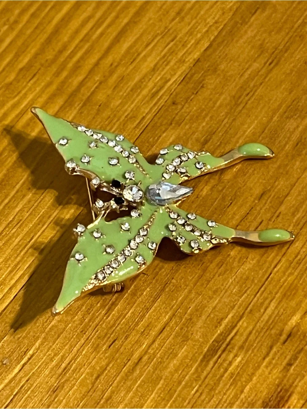 Mint green monarch butterfly brooch gold tone mintgreen enamel rhinestone 1 1/2”